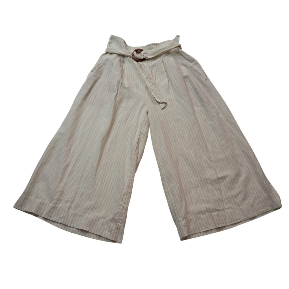 Anthropologie Pants Womens 6 Cream Palm Beach Belted Striped Crop Wide Leg Linen